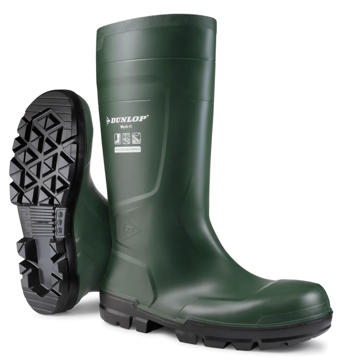 Dunlop Work-It Black/Green S5 — Protective Rubber Boots with Steel Toe