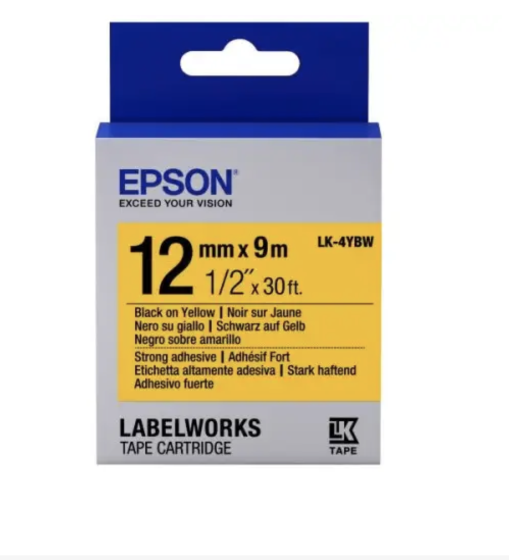 Epson LK-4YBW Strong Adhesive Tape (12mm x 9m, Black on Yellow)